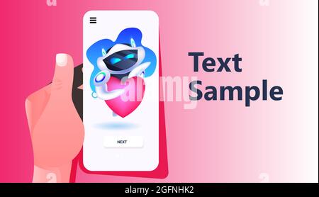 robot carino tenendo cuore moderno personaggio robotico sullo schermo dello smartphone app di incontri mobili intelligenza artificiale Illustrazione Vettoriale