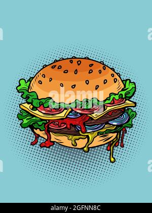 hamburger a più strati con insalata di cotoletta e pomodoro, fast food e ristoranti di strada Illustrazione Vettoriale