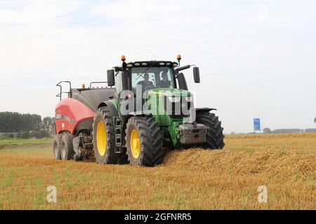 un trattore con un'imballatrice grande sta fabbricando balle di fieno in un campo nella campagna olandese in estate Foto Stock
