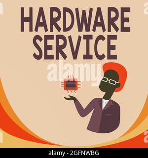 Didascalia concettuale hardware Service. Business showcase atto di supporto e manutenzione computer hardware Man disegno Standing e Holding computer Foto Stock