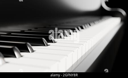 Illustrazione 3D della vista ravvicinata della tastiera del pianoforte Foto Stock