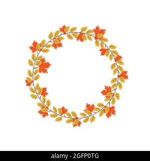 Corona di foglie d'autunno con foglie gialle e arancioni. Illustrazione della caduta del vettore. Fogliame sfondo isolato su sfondo bianco. Design della natura Illustrazione Vettoriale