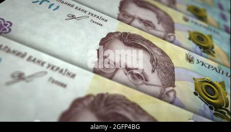 Ucraino Hryvnia pacchetto denaro illustrazione 3d. 1000 stampa di banconote UAH Hryvna. Concetto di finanza, cassa, crisi economica, successo aziendale, recessione Foto Stock