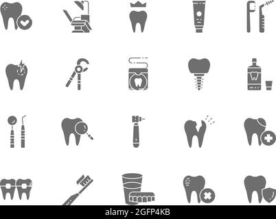 Set di icone grigie per Odontoiatria. Dentifricio, impianto, collutorio, spazzolino da denti e altro ancora Illustrazione Vettoriale