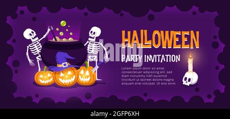 Halloween festa invito con zucche cauldron strega e scheletri Illustrazione Vettoriale