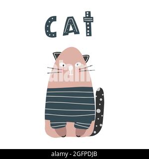 Gatto carino con lettere in semplice cartone animato stile disegnato a mano. Ideale per carte, inviti, feste, asilo nido, scuola prescolare e bambini Illustrazione Vettoriale