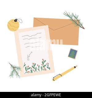 Set di diverse buste natalizie con posta, francobolli e cartoline, pacchi, vettoriali flat illustration.Set di varie lettere artigianali di carta. Illustrazione Vettoriale