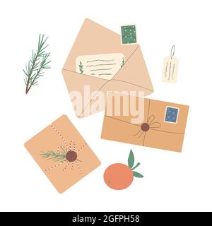 Set di diverse buste natalizie con posta, francobolli e cartoline, pacchi, vettoriali flat illustration.Set di varie lettere artigianali di carta. Illustrazione Vettoriale