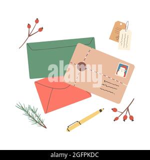 Set di diverse buste natalizie con posta, francobolli e cartoline, pacchi, vettoriali flat illustration.Set di varie lettere artigianali di carta. Illustrazione Vettoriale