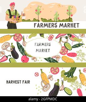 Mercato contadini e raccolto bandiere o volantini fiera set con verdure e carattere contadino, cartoon piano illustrazione vettoriale. Imposta banner o volantini te Illustrazione Vettoriale