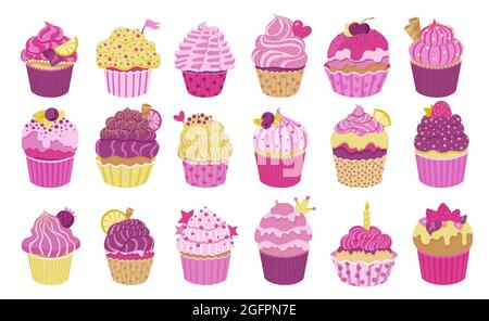 Set di graziosi cupcake con panna e bacche. Delizioso dessert con decor diverso. Rosa e viola cosparge la collezione di muffin. Vettore Illustrazione Vettoriale