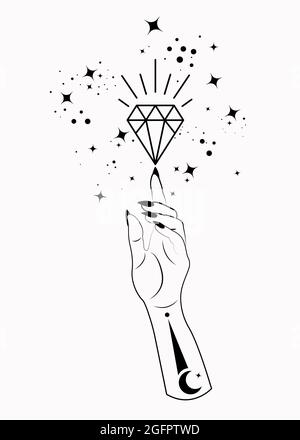Mystical Woman mano alchimia esoterica magia spazio stelle, cristallo simbolo, geometria Sacra. Logo Boho in tatuaggio con contorno nero. Occupazione spirituale Illustrazione Vettoriale