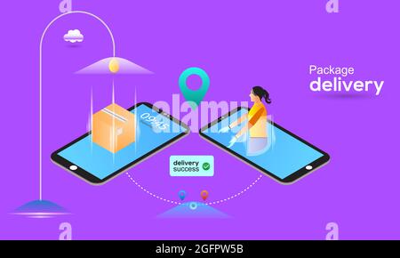 Consegna rapida online del pacchetto su smartphone. Le donne di consegna pronte per inviare una scatola di consegna. Illuminazione del successo dell'e-commerce Illustrazione Vettoriale