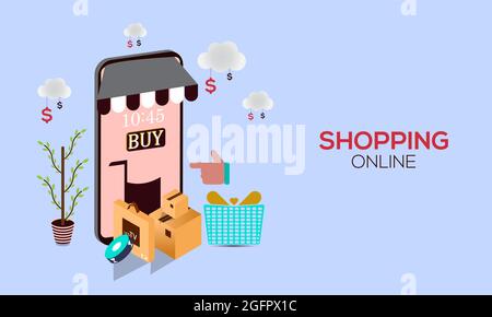 Concetto logistico dell'app per smartphone per lo shopping online. Scatola di consegna, carrello, albero. Concetto di shopping online di sfondo grigio bianco Illustrazione Vettoriale