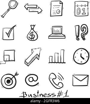 Business Set icone disegnate a mano in stile doodle isolato. Illustrazione Vettoriale