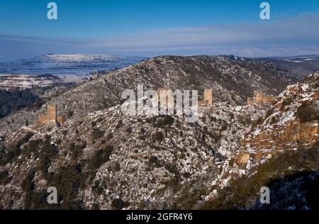 Francia. Aude (11) Lastours castello cataro sotto la neve Foto Stock