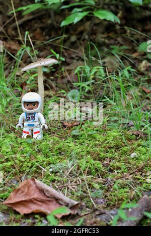 GREENVILLE, STATI UNITI - 31 luglio 2021: Un colpo verticale di una figura astronauta giocattolo Lego sull'erba Foto Stock