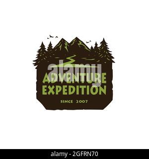 Logo per Camping Mountain Adventure, emblemi e distintivi. Modello di progettazione dell'illustrazione del vettore Camp in Forest Illustrazione Vettoriale