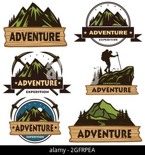 Set di loghi da campeggio, modelli, elementi di design vettoriale, Outdoor Adventure Mountains e Forest Expeditions. Emblemi vintage e distintivi retro illustra Illustrazione Vettoriale