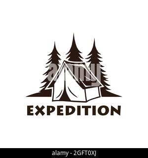 Mountain Campfire Logo ed etichette Design set. Modello di illustrazione vettoriale Illustrazione Vettoriale