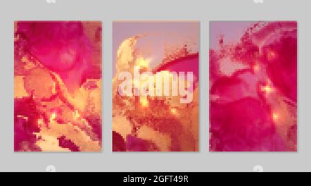 Set di sfondi in marmo astratto magenta e oro. Illustrazione Vettoriale