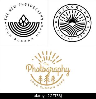 Fotografia natura con terra campo sole linea albero vettore logo design Illustrazione Vettoriale