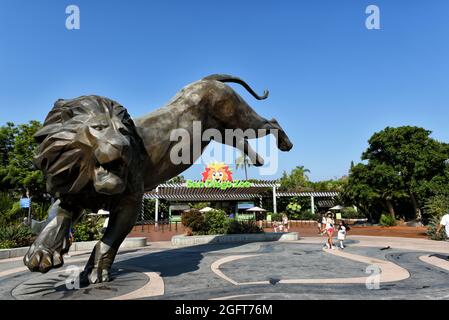 SAN DIEGO, CALIFORNIA - 25 AGOSTO 2021: Statua del Leone all'ingresso principale dello Zoo di San Diego nel Balboa Park. Foto Stock