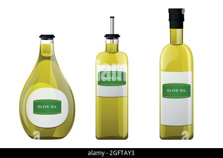 Bottiglia in vetro con olio d'oliva in stile cartone animato. Illustrazione Vettoriale