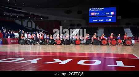 Tokyo. 27 ago 2021. Regno Unito:.20210827, Tokyo, Giappone.Tokyo 2020 Paralimpic Games, .Wheelchair rugby Danimarca-Francia. Foto: Lars Moeller.DK:.20210827, Tokyo, Japan.Tokyo 2020 Paralympiske Lege. KÃ¸restolsrugby Danmark-Frankrig.Foto: Lars MÃ¸ller. (Credit Image: © Lars Moeller/ZUMA Press Wire) Foto Stock