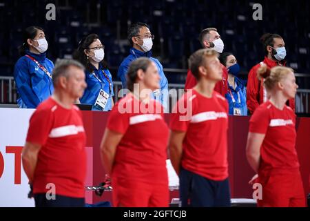 Tokyo. 27 ago 2021. Regno Unito:.20210827, Tokyo, Giappone.Tokyo 2020 Paralimpic Games, .Wheelchair rugby Danimarca-Francia. Foto: Lars Moeller.DK:.20210827, Tokyo, Japan.Tokyo 2020 Paralympiske Lege. KÃ¸restolsrugby Danmark-Frankrig.Foto: Lars MÃ¸ller. (Credit Image: © Lars Moeller/ZUMA Press Wire) Foto Stock