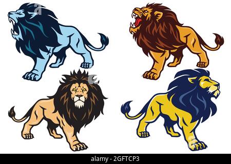 Collezione set Pack logo Lion Roaring Stand Esport Mascot Vector Illustrazione Vettoriale