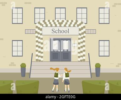 Due compagni di classe, compagni di classe o amici a piedi e parlare o chiacchierare vicino a scuola di mattoni building.Entrance a istituto educativo decorato con palloncini Foto Stock