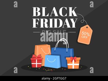 Black Friday Give Big Discount sale for all Products with Gift Box, Ribbon, Balloon for Poster, Banner, Promotion or background Vector Illustration Illustrazione Vettoriale