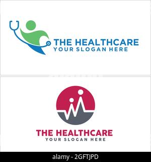 Assistenza sanitaria con stetoscopio e logo vettoriale heartbeat line Illustrazione Vettoriale
