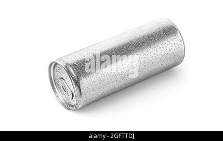 Sagoma di una bombolone vuota in argento con gocce, bombolone in alluminio con alcol e acqua condensata, per design di presentazione. Isolato su bianco Foto Stock