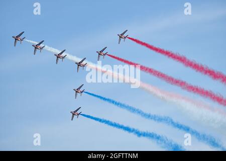 Helsinki, Finlandia - 6 agosto 2021: Il team di esposizione francese Patrouille De France a Kaivopuisto Air Show Foto Stock