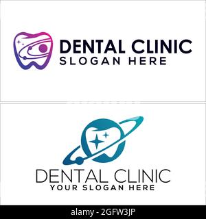 Clinica dentale con logo vettore icona pianeta dente Illustrazione Vettoriale