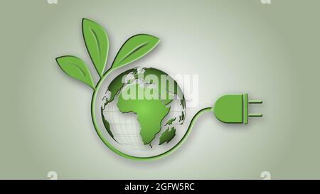 Concetto di energia verde ed ecologia - spina di alimentazione ecologica con terra verde - illustrazione 3D Foto Stock