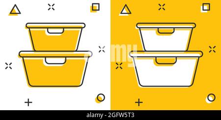 Icona contenitore cibo in stile fumetto. Bicchierino da cucina vettoriale cartoon illustrazione pittogramma. Contenitore in plastica concetto di business effetto splash. Illustrazione Vettoriale