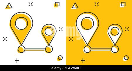 Distanza icona pin in stile fumetto. La navigazione gps vettore illustrazione cartoon bianco su sfondo isolato. Comunicazione business viaggi concetto splas Illustrazione Vettoriale