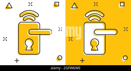 Accesso wireless a serratura della porta segno icona in stile fumetto. Smart home vettore illustrazione cartoon bianco su sfondo isolato. Sistema remoto concetto aziendale splas Illustrazione Vettoriale