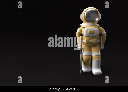 3D Render Astronautic Disabled Using stampches to walk 3D Illustration Design. Foto Stock