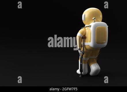 3D Render Astronautic Disabled Using stampches to walk 3D Illustration Design. Foto Stock