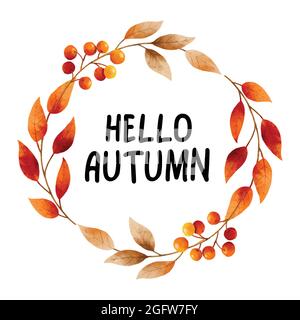 Ciao autunno con ornato di foglie cornice fiore. Autunno ottobre disegno a mano modello di lettere. Illustrazione Vettoriale