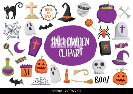 Set di elementi di Halloween isolati su sfondo bianco. Illustrazione Vettoriale