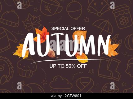 Sfondo modello banner vendita autunno. Vendita shopping autunnale con foglie e testo. Illustrazione Vettoriale