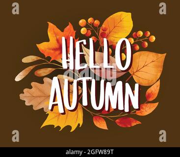 Ciao autunno con ornato di foglie sfondo fiore. Autunno ottobre disegno a mano modello di lettere. Illustrazione Vettoriale