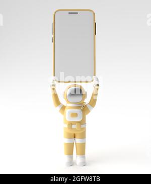 Modello di schermo vuoto per smartphone Astronaut Holding. Astratto mockup alla moda. Rendering 3D dell'app mobile per telefono vuoto. Foto Stock