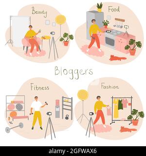 Set di blogger e vloggers che fanno contenuti Internet. Popoli che creano video per il loro canale del blog. Influencer che sparano vlog. Vettore Illustrazione Vettoriale