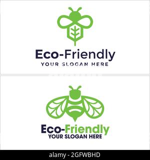 Logo ecologico con disegno vettoriale delle foglie di ape verde Illustrazione Vettoriale